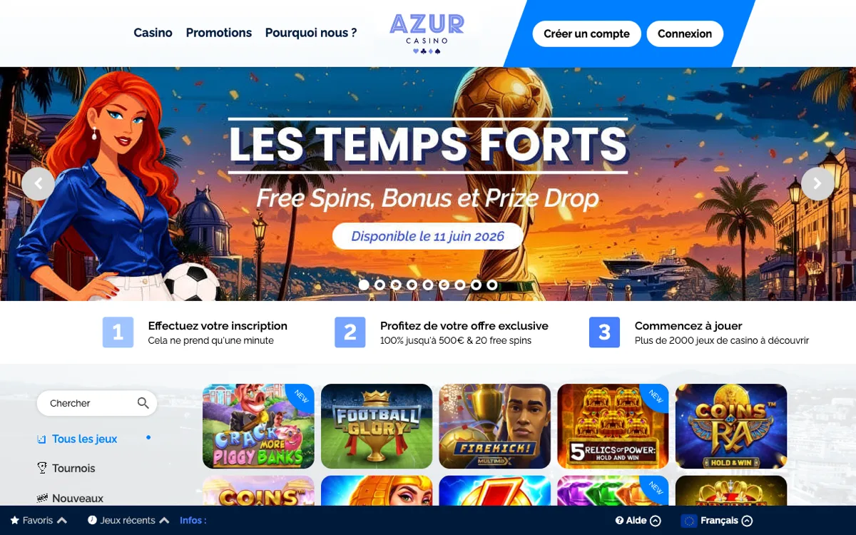 Page d’accueil d’azurcasino.com capturée le 10&nbsp;juin&nbsp;2026 : campagne « Les Temps Forts » avec free spins et pri