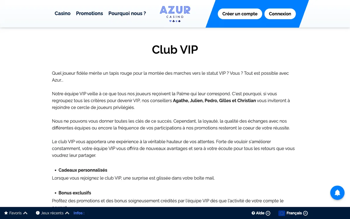 Programme VIP officiel d’Azur Casino (juin 2026).