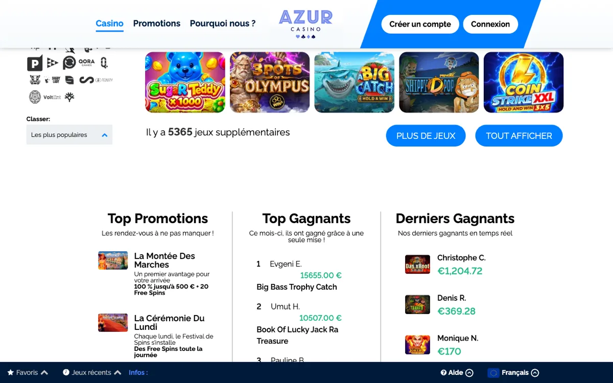Lobby Casino d’Azur Casino avec filtres par fournisseur (28 maisons référencées).